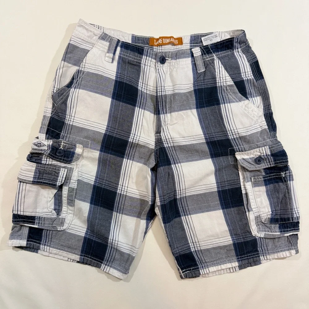 Lee Dungarees Cargo Shorts Mens 33 Blue White Plaid Good Cotton Utility Pocket